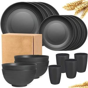 Black Straw Cutlery Set, 16pcs/set Including Plates, Bowls & Cups for 4 People, Durable Tableware Set for Home Use & Outdoor Picnic
