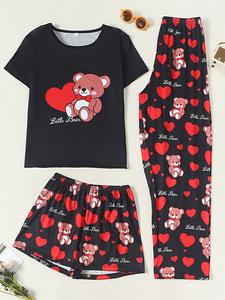 Women's 3-Piece Pajama Set, Short Sleeve Top + Shorts + Long Pants, Heart Bear Print, Casual Fitted Sleepwear, Loungewear