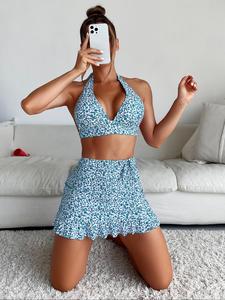 Women's Ditsy Floral Print Halter Neck Bikini Top & High Cut Bikini Bottom & Bow Front Ruffle Hem Skirt Bikinis Set, Swimsuit Sets Bathing Suits 2024 for Women, Swimsuit for Women, Boho Beach Outfits for Summer, Ladies Swimsuit Set Bathing Suits
