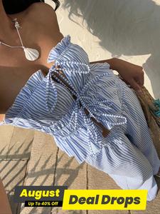 Women's Chic Striped Print Tie Front Top & Wide Leg Pants Set, Casual Fashion Cozy Two-piece Set for Daily Outdoor Wear, Ladies for Summer, Cute Summer Outfit, Summer Clothing Set