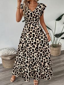 Women's Elegant Leopard Print Long Fitted Dress with Pleated Sleeves and Waist Belt, V Neck A-Line Casual Summer Spring Fall Dress Womenswear