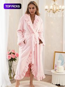 Women's Elegant Long Sleeve Bathrobe, French Terry Warm Robe with Pockets, Fall & Winter Thick Fitted Homewear