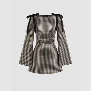 Cider Cotton-blend Boat Neck Gingham Bowknot Ruched Mini Dress #Spring Fits Week