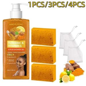 Turmeric Vitamin C Scrub Shower Gel  & Lemon Turmeric Soap Set for Soft Radiant Skin with Natural Ingredients for Moisturizing and Hydrating