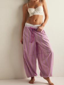 Striped Wide-Leg Pants, Millennial Style Home Casual Trousers, Elastic Waist Drawstring Loose Fit, Retro Summer Beach Resort Daily Streetwear for Women, Boho Casual Bottoms