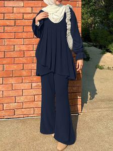 Women's Casual Solid Color Set, Round Neck Long Sleeve Blouse with Back Button and High Waist Straight Leg Pants, All Seasons, Two Piece Set Women, Outfit Sets Women