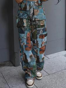 Women's Patchwork Art Print Pocket Cargo Pants, Casual Street Trousers for Daily Wear, Ladies Bottoms for All Seasons, Baggy Pants, Bohemian Trousers