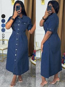 Chic Denim Shirt Dress - Button Down Midi with Chest Pockets & Cuffed Sleeves | Effortless Casual Jean Dress