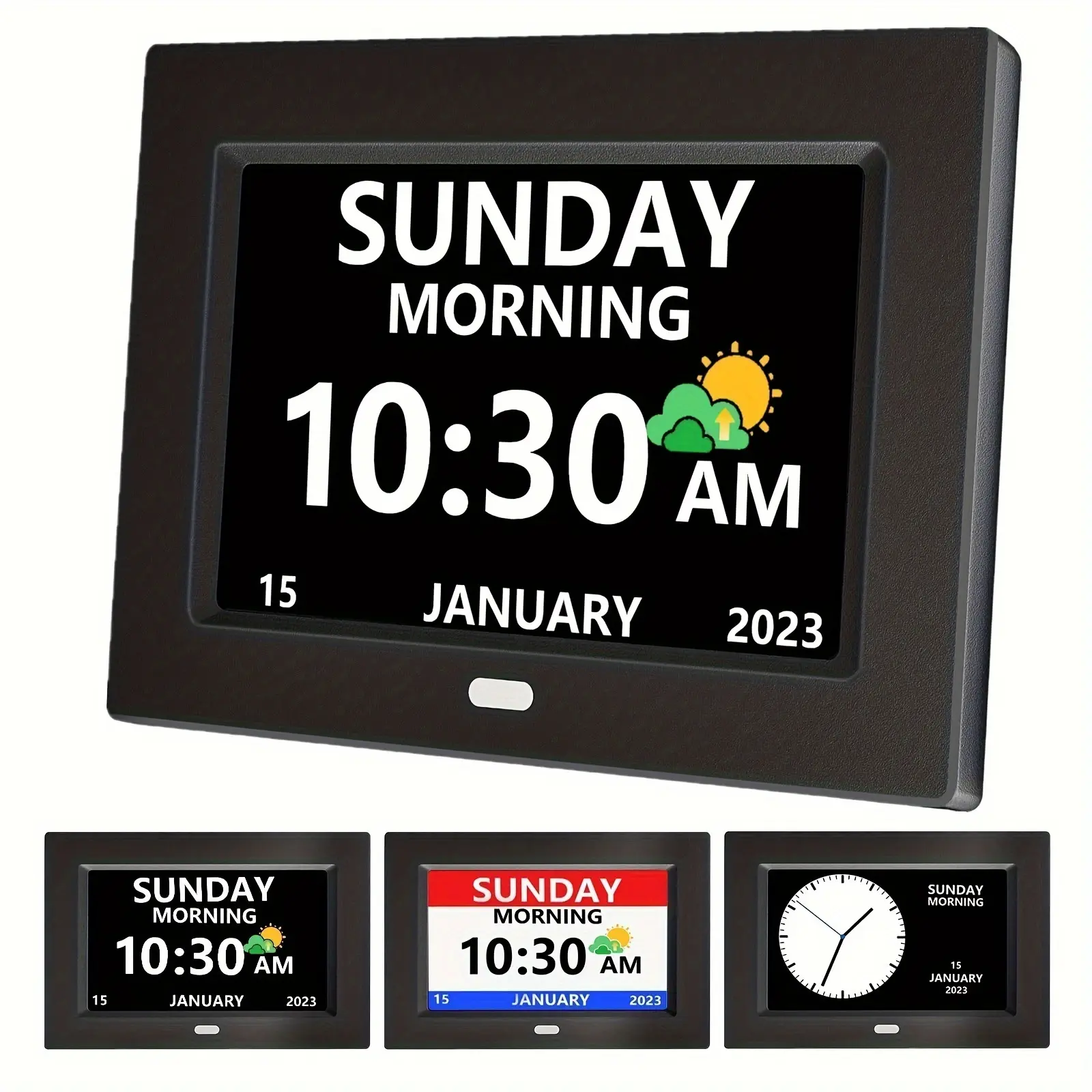 7-Inch Digital Clock with Day & Date Display, Multiple Alarms, and Medicine Reminders – Large Font, 3 Modes, USB Powered for Seniors, Black Square Design