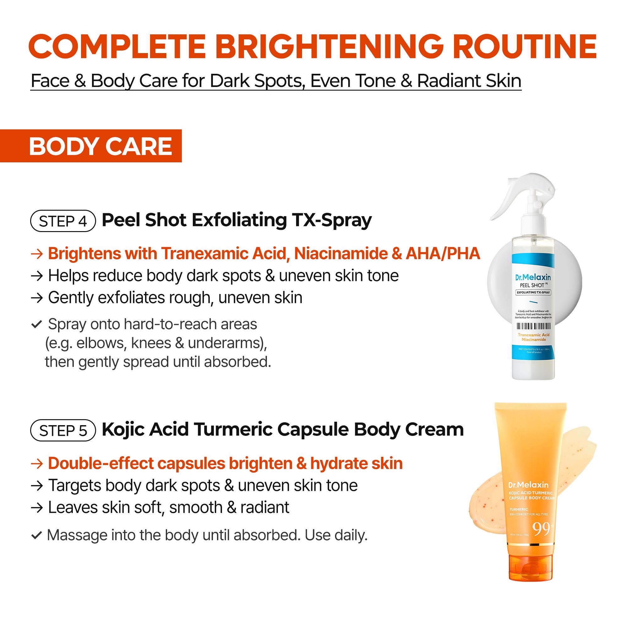 [Dr.Melaxin Official] Complete Brightening Routine | Peel Shot Serum, TX Body Peeling Shot, Kojic Acid Turmeric Capsule Body Cream & Kojic Acid Turmeric Serum Soap 4-Piece Set