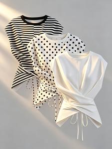 Women's Tie Waist Knot Drawstring T-Shirt Set (striped/dot/solid), Round Neck Short Sleeve Tops, Casual/office Wear, Minimalist Style