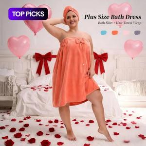 Plus Size Solid Color Bathrobe & Hair Turban Set, 2 Counts Modern Bowknot Design Bathrobe & Hair Turban, Soft Shower Robe for Women, Towels, Soft Absorbent Towel