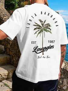 Men's Letter & Palm Tree Print Round Neck Tee, Loose Casual Short Sleeve T-shirt for Summer, Men's Top for Daily Wear