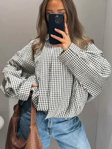 Jacket Female Spring Summer Black & White Gingham Check Cropped Bomber Jacket Stand Collar Zip Elasticated Waist & Cuffs Oversized Fit Lightweight Crinkled Fabric Side Pockets Daily Wear, Street Style, Office Casual