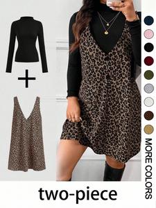 Women's Fashion Vintage Leopard Print Halter Dress Casual Two-Piece Set for Autumn Winter Shopping Dates Ladies