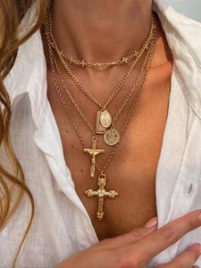 4-Piece Vintage Metal Geometric Circle Pendant Layered Necklace Set, Women's Punk Style Jesus Cross Pendant Jewelry, Unique Fashion Accessories, Jewelry Accessory, Jewelry Gift