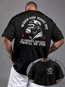 Men's Classic Letter Monkey Pattern Print T-Shirt, Summer Round Neck Short Sleeve Casual Comfort Top, Outdoor Wear