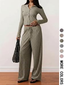 Women's Casual Loose-Fit Knitted Set, Buttoned Ribbed Top & Striped Wide-Leg Pants, All-Season Comfortable