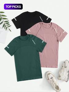 Women's Letter Print Raglan Sleeve Sports Tee, Round Neck Short Sleeve T-Shirt, Ladies Sportswear for Yoga Gym Workout