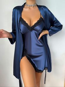 Two-piece Set Women's Solid Belted Satin Robe & Contrast Lace Split Thigh Cami Nightdress, Elegant Comfy Drop Shoulder Long Sleeve Robe & Cami Nightdress Pj Set, Women's Sleepwear & Loungewear for Spring & Fall, Nightgown Sleepwear
