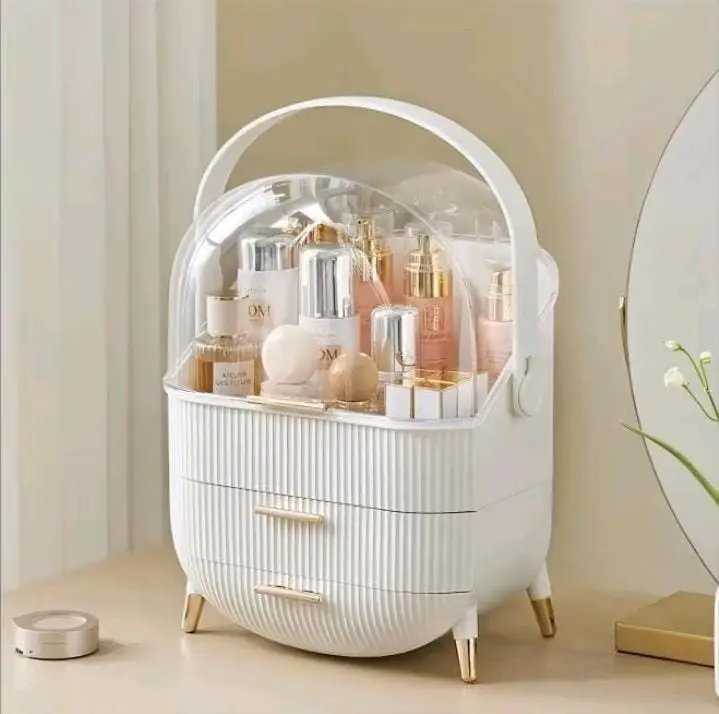 Multi-Function Make Up Case Dustproof Cosmetic Storage Box for Bedroom Bathroom Desktop, White Gift Organiser