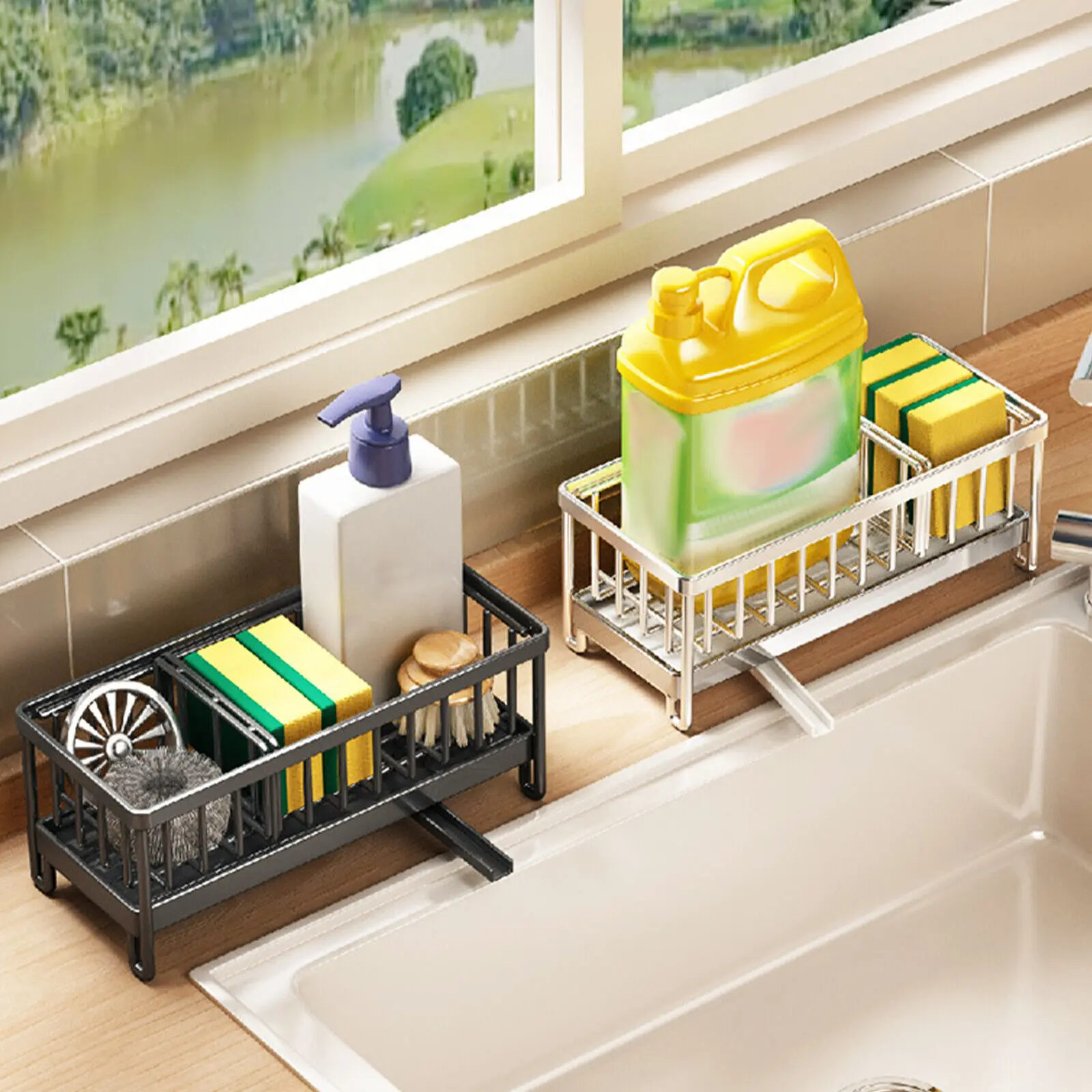 Stainless Steel Sink Caddy Basket Drain Rack Sponge Dishcloth Holder Kitchen Storage Organizer