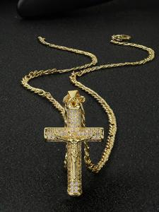 14k Gold-plated Cuban Chain Cross Pendant Necklace, Artificial Gemstone Decor Necklace for Men & Women, Fashion Jewelry Accessories for Daily Wear