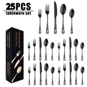 25-Piece Skull Pattern Silverware Set, Flatware Set, Stainless Steel Cutlery Set Knife Fork Spoon, Home Creative Dining Tableware