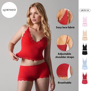 KatchMe & LUMENNEST Women's Minimalist Lace Series Spaghetti Strap Lace Trim Wirefree Breathable V-Neck Camisole & Panties Set (B), Basic Underwear Set, Valentine's Day
