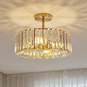 1pc Gold Crystal Ceiling Light Fixture, Modern Farmhouse Dimmable Pendant Light Fixture, Round Hallway Ceiling Light Fixture, Crystal Glow, Suitable for Bedroom/Living Room, E26 Base, Bulbs Not Included, Adjustable Lights, Indoor Lighting