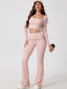 Women's Solid Color Sportswear Set, Tight-fitting Square Neck Crop Top & High Waist Flare Leg Trousers Set, Sportswear Set for Spring & Fall, Modern and Comfortable