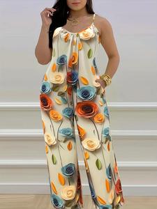 Women's Floral Print Cami Jumpsuit, Casual Boho Bohemian Sleeveless Jumpsuit for Summer, Women's Clothing for Daily Wear, Womenswear, Casual Style Jumpsuit, Casual Comfy Jumpsuit, Floral Jumpsuits