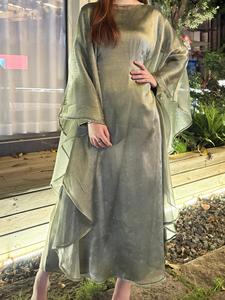 #CL64 Galaxy Sparkling Two-piece Smock Muslim abaya, light tulle, shiny silk lining long skirt, big bat sleeves and A-line waist version, romantic and elegant choice, suitable for banquets, travel, shopping, ceremonies  sparkly