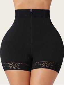 Women's Plain Lace Trim Leg Shaping Bottom, Tummy Control Compression Butt Lifting Zipper Shorts, Women's Shapewear Bottoms for Daily Wear, Highwaist Girdle, Womens Clothes, Womenswear, Tummy Control Shapers