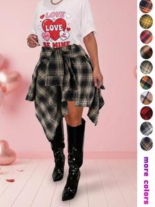 Women's Fashion Plaid Print Asymmetrical Hem High Waisted Woven Skirt, Summer Clothes Women Casual Elastic Waist Tiered Layer Knee Length Skirt For Summer Going Out Streetwear