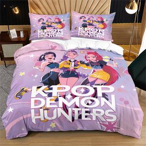 K-Pop Demon Hunters Printed Duvet Set, Includes 1 Duvet Cover & 1/2 Pillowcases,Virtual Idol Huntr/X Themed Quilt Cover Bedding Set for Anime Style Bedroom Decor Gift for Friends