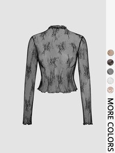Women's Mock Neck Sheer Christmas Floral Lace Tee, Elegant Long Sleeve T-shirt for Daily Wear, Ladies Clothes for All Seasons