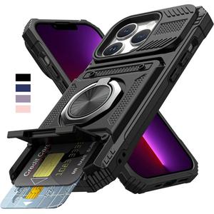 Shockproof Armor Hard Case Cover with Wallet Credit Card Slot & Ring Stand Function, Anti-fall Phone Cover, Phone Case for iPhone 16 15 14 13 Pro Max iPhone 17 Series
