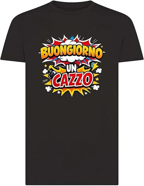 T-Shirt Buongiorno Un Cazzo in Cotone Morbido con Stampa Pop Art Giallo Rosso Bianco per Look Casual e Comfortabile