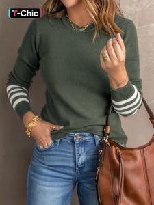 Women's Striped Print Fitted Sweater, Casual Long Sleeve Round Neck Jumper for Spring & Fall, Fashion Womenswear, Knitwear for Daily Wear, Tops