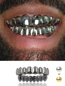 CRUSH CR 2pcs Full Mouth Mirror Finish Black Silver Golden 8 Teeth Grillz – 14K Gold Plated Copper, High Shine Hip-Hop Teeth Jewelry for Black Women, Girls & Men. Perfect for Parties, Music Festivals, Couple Gifts & K-Pop Style