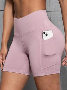 Women's Solid Color Pocket Design Skinny Shorts, Casual Comfy Breathable High Stretch Yoga Shorts, Ladies Bottoms for All Seasons