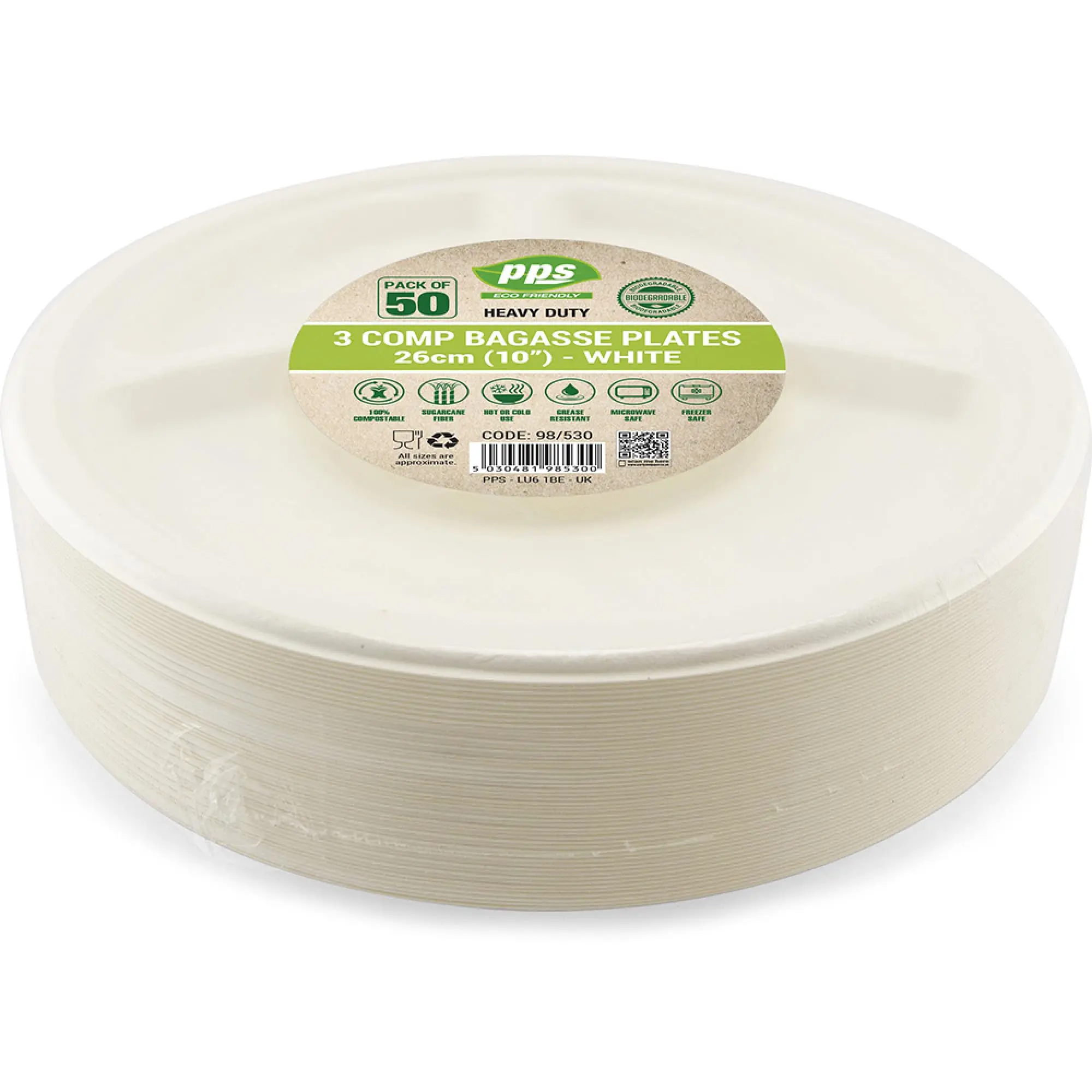 PPS Pack of 50, 10 inch, Premium Quality Biodegradable, Compostable, Made of Sugarcane Bagasse, Strong 3 Compartment Party Plates, Strong Super Rigid, ECO Friendly Plates, Extra Strength