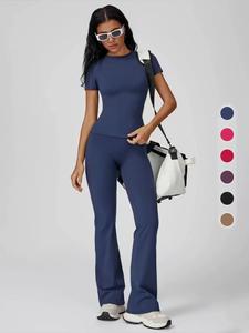 Women's Sporty Quick-Dry Two-Piece Set, Yoga Tracksuit Set, Plain Round Neck Slim Fit T-Shirt & High Waist Flare Leg Yoga Pants, Soft Skin-Friendly Fabric, All-Season Wear, Casual Sportswear, Yoga Gym Workout Running Wear, Daily Outdoor Wear