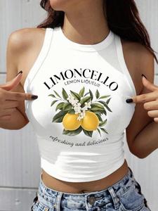 Women's Lemon Print Round Neck Tank Top, Casual Sleeveless Top for Spring, Women's Clothing for Daily Wear