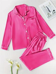 【Valentine's Day】Two-Piece Set Women's Solid Contrast Binding Satin Pyjamas, Long Sleeve Lapel Button Front Shirt & Elastic Waist Pants PJ Set, Casual Comfortable Sleepwear Loungewear Set for Women Pajamas Homewear