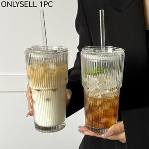 Glass Cup with Straw & Lid, 1 Count Portable Large Capacity Drinking Cup, Fashionable Drinkware for Home & Office & Outdoor, Bottles