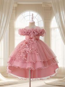 Girl's Floral Embroidery Layered Tulle Formal Dress, Elegant Party Tutu Dress for Performance Show Wear, Kids Clothes for All Seasons