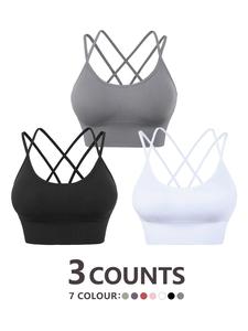 Women's 3pcs Solid Criss Cross Backless Bra, Soft Comfortable Breathable Wireless Bra, Lingerie for All Seasons, Underwear for Women, Bras for Women