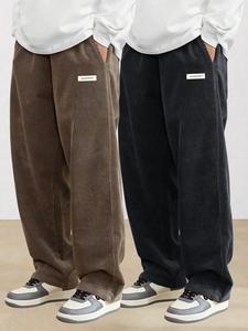 Men's Letter Patched Corduroy Pants, Casual Comfy Loose Straight Leg Trousers for Fall & Winter, Men's Bottoms for Daily Wear